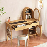 Wooden makeup vanity set featuring jewelry storage and a side cabinet for organization